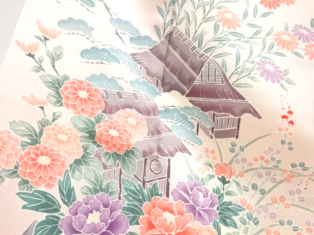  家屋に草花模様訪問着
